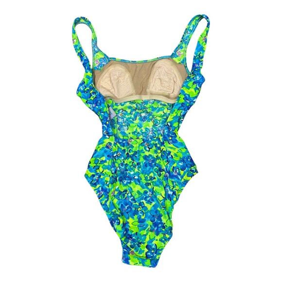 Vintage 90s Daffy Neon Floral Print One Piece Swimsuit 9/10 Green Blue High Cut - Picture 2 of 8